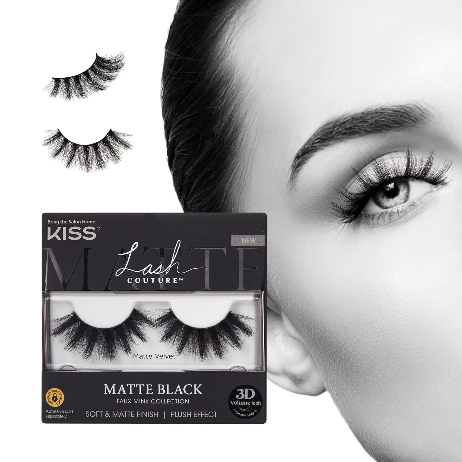 KISS Lash Couture False Eyelashes, Matte Black Faux Mink Collection, 3D Volume Lash, Soft &amp; Matte Finish, Style &#39;Matte Velvet&#39;, 1 Pair Fake Eyelashes