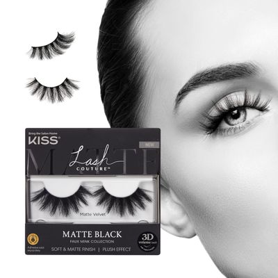 KISS Lash Couture False Eyelashes, Matte Black Faux Mink Collection, 3D Volume Lash, Soft &amp; Matte Finish, Style &#39;Matte Velvet&#39;, 1 Pair Fake Eyelashes