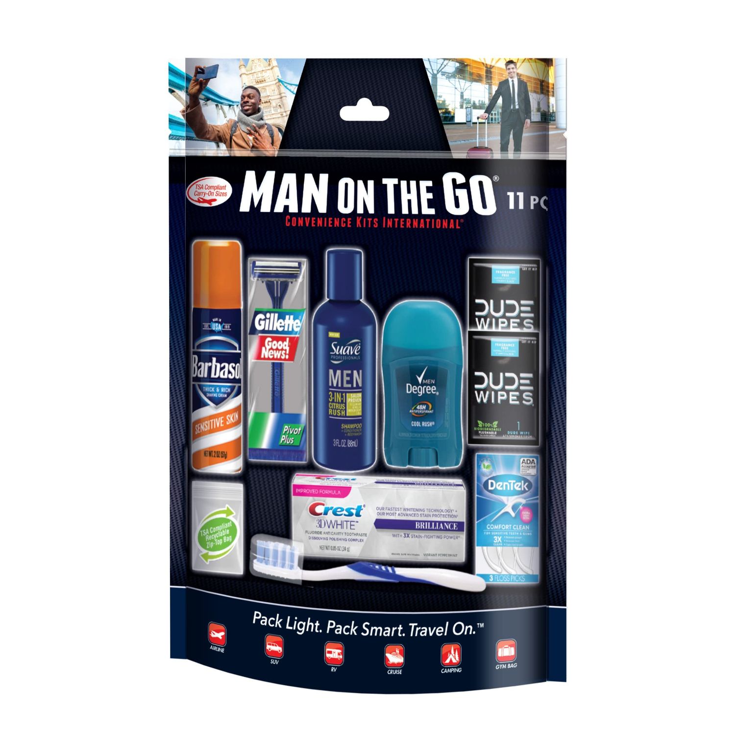 Convenience Kits International Mens 11 Piece Kit with Oral Care and Grooming Essentials, Featuring Travel Size Products, Blue