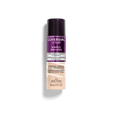 CoverGirl &amp; Olay Simply Ageless 3-in-1 Liquid Foundation, Matte Finish, Hyaluronic &amp; Vitamin C Formula, Cruelty Free, Creamy Natural, 1 Count