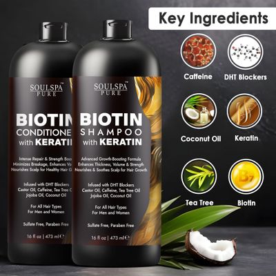 SOULSPA PURE Biotin Shampoo and Conditioner Set with Keratin - Advanced Anti-Thinning, Hair Growth Shampoo and Conditioner Combo Repair Formula - with DHT Blockers, for Men &amp; Women - 16 fl oz each