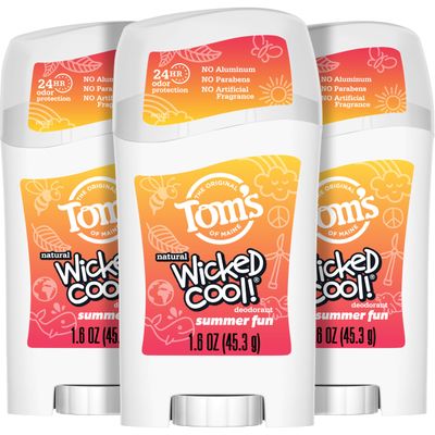 Tom&#39;s of Maine Aluminum-Free Wicked Cool! Natural Deodorant for Kids, Summer Fun, 1.6 oz. (Pack of 3) (Packaging May Vary)