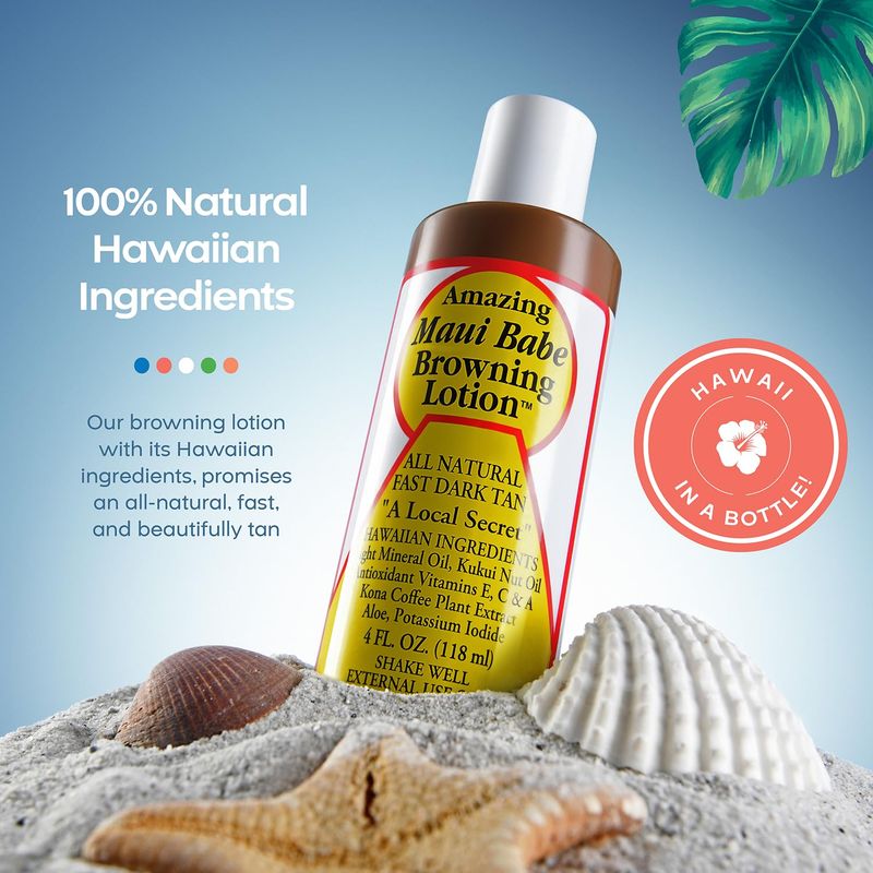 Maui Babe Browning Lotion - Natural Hawaiian Tan Accelerator with Vitamins &amp; Antioxidants - Moisturizing Formula for All Skin Types - Made in USA - 4 fl oz