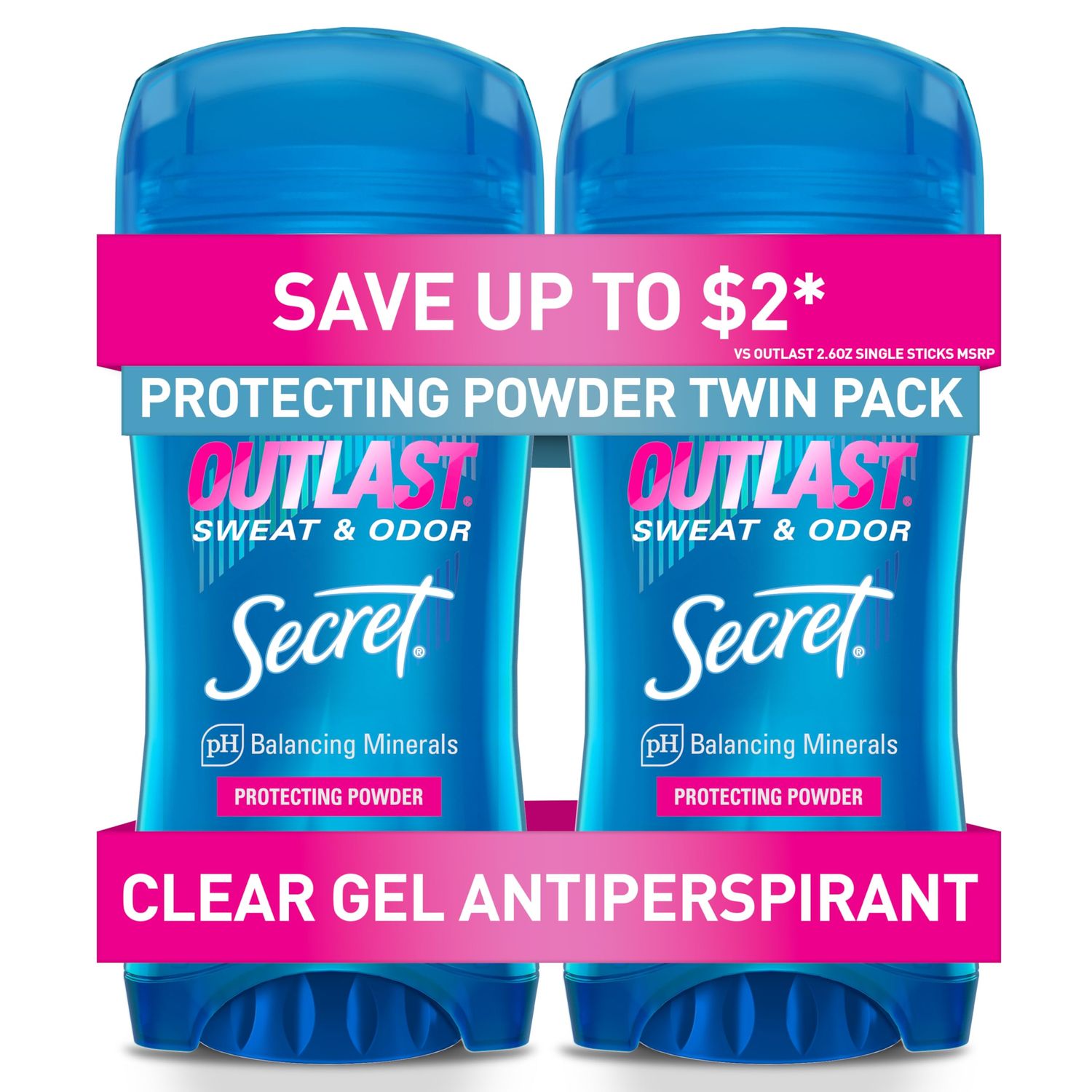 Secret Outlast Antiperspirant Deodorant for Women, 48hr Sweat &amp; Odor Protection, PH Balancing Minerals, Clear Gel, Protecting Powder Scent, 2.6 oz (Pack of 2)