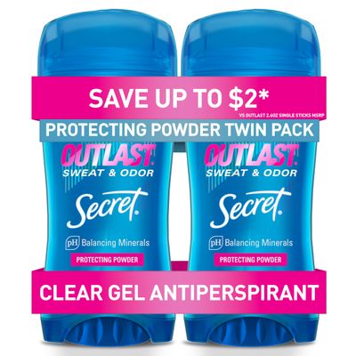 Secret Outlast Antiperspirant Deodorant for Women, 48hr Sweat &amp; Odor Protection, PH Balancing Minerals, Clear Gel, Protecting Powder Scent, 2.6 oz (Pack of 2)