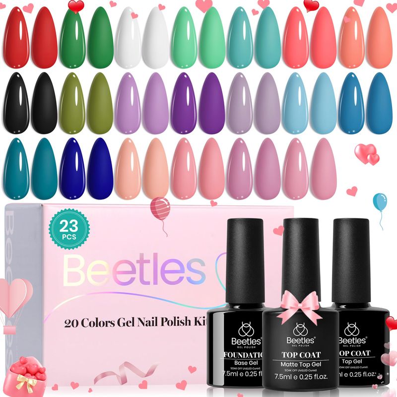 Beetles Gel Nail Polish Set, 23pcs Gel Polish Kit, 20 Colors Pink Green Blue Uv Gel Polish with Base Top Coat, All Season Manicure Tools for Beginners Nail Art Home Valentine's Day Gift for Women