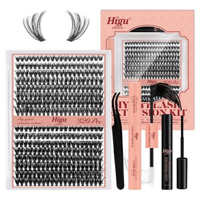 Higu clace DIY Lash Extension Kit, 320pcs Lash Clusters Kit, with Lash Bond and Seal Cluster Lashes Glue Remover Lash Applicator for D curl Eyelash Extension Natural Look at Home(30D40D-Kit)