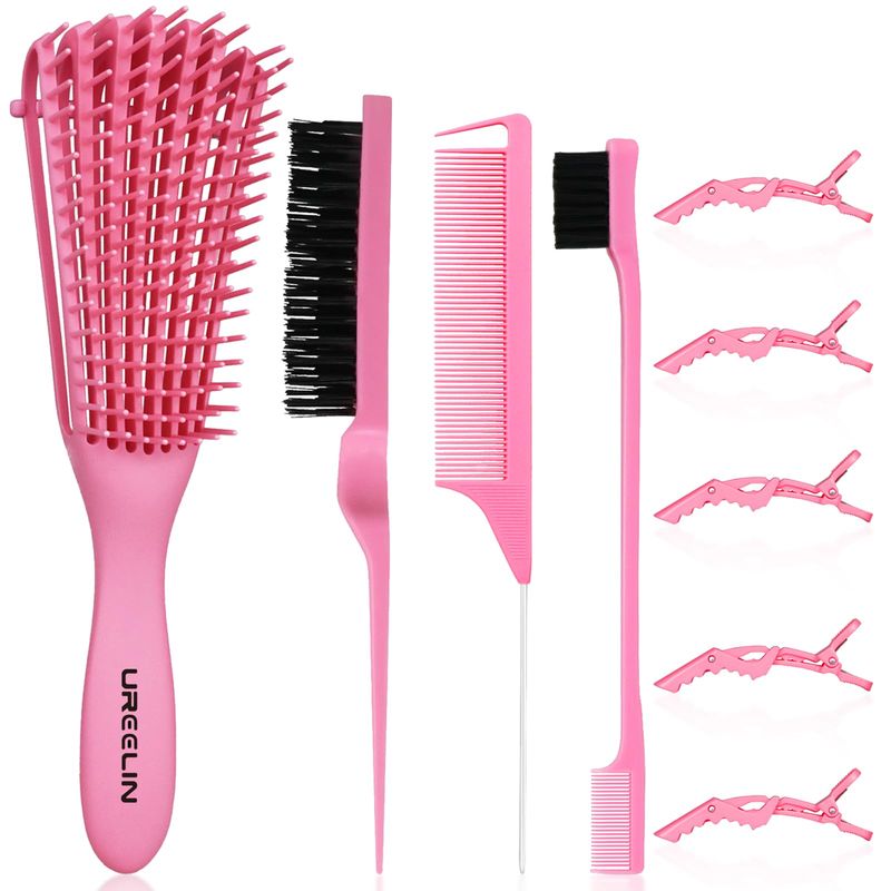 UREELIN Detangling Brush set,Detangler Hair Brush with Teasing &amp; Edge Brush for Curly Hiar, Rat Tail Comb Alligator Hair Clips for 3a to 4c Kinky WavyCurlyCoilyWetDryOilThickLong Hair(Pink)