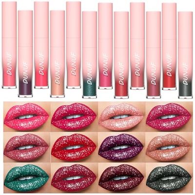 Dulele 12 PCS Diamond Glitter Liquid Lipstick Set, Long Lasting &amp; Non-Stick Cup Metallic Shimmer Matte Full Colour Tinted Lipstick Lip Gloss, Highly Pigmented Shinning Lipstick (Red, M)