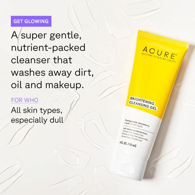 Acure Brightening Cleansing Gel - Vegan Cleanser for Radiant Skin - Pomegranate, Blackberry &amp; Acai Infused - Antioxidant-Rich Gentle Formula for All Skin Types - 4 Fl Oz