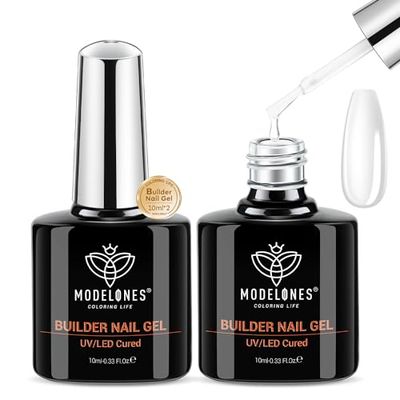 modelones Builder Nail Gel, 2 Pcs Clear Gel Builder Nail Polish for Nail Thickening, Nail Strengthener Apex Building Extension Gel in a Bottle, 7-In-One LED Builder Nail Gel Polish 10 ml
