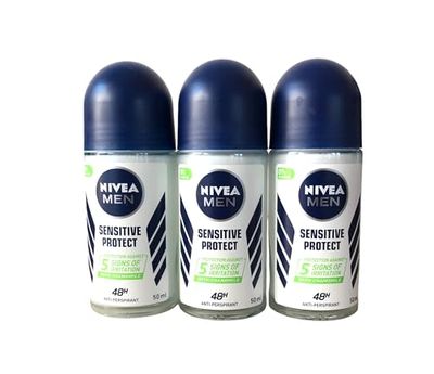 (Pack of 3 Bottles) Nivea SENSITIVE PROTECT Men&#39;s Roll On Anti-perspirant Deodorant (Pack of 3 Bottles, 1.7oz  50ml Glass Bottle)