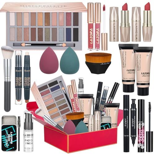 All in One Makeup Kit for Women Full Kit Includes 20 Colors Eyeshadow Palette Foundation &amp; Face Primer, Makeup Brush Makeup Sponge, Eyebrow Soap, Winged Eyeliner Stamp Gift Set for Women, Girls &amp; Teen