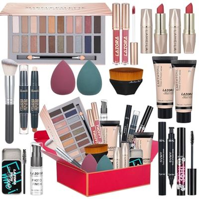 All in One Makeup Kit for Women Full Kit Includes 20 Colors Eyeshadow Palette Foundation &amp; Face Primer, Makeup Brush Makeup Sponge, Eyebrow Soap, Winged Eyeliner Stamp Gift Set for Women, Girls &amp; Teen