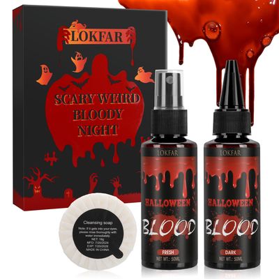 4 IN 1 Fake Blood KitFake Blood 1.69oz X2  Spray HeadDripping HeadCleaning SoapWashableRealistic EffectSkin FriendlyProfessional Fake Blood Makeup Kit For HalloweenCosplayFresh  Dark