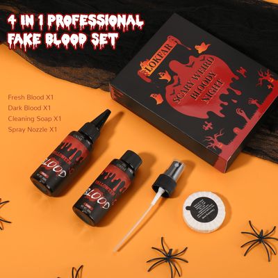 4 IN 1 Fake Blood KitFake Blood 1.69oz X2  Spray HeadDripping HeadCleaning SoapWashableRealistic EffectSkin FriendlyProfessional Fake Blood Makeup Kit For HalloweenCosplayFresh  Dark