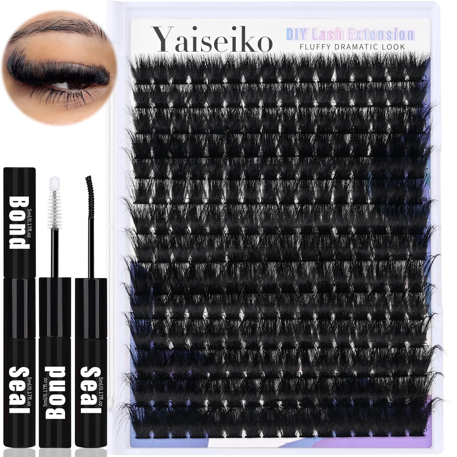 Fluffy Lash Clusters Kit 12-25mm Thick Cluster Eyelash Extensions Kit 280Pcs 150D Volume Individual Lashes with Lash Bond and Seal Wispy D Curl Waterproof Matte Black False Eyelashes, by Yaiseiko