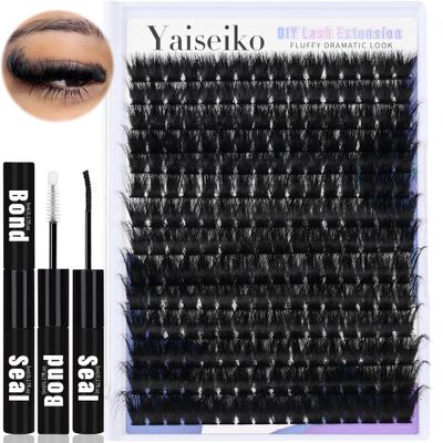 Fluffy Lash Clusters Kit 12-25mm Thick Cluster Eyelash Extensions Kit 280Pcs 150D Volume Individual Lashes with Lash Bond and Seal Wispy D Curl Waterproof Matte Black False Eyelashes, by Yaiseiko