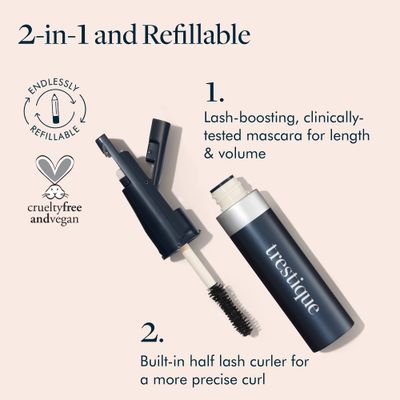 trestique Good Vibes Mascara, Refillable Mascara With Built-In Lash Curler, Sustainable Mascara Eye Makeup, Clean Beauty Black Mascara, Mascara With Curler