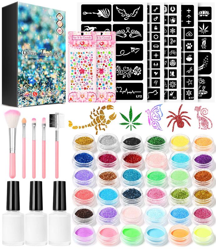 Temporary Glitter Tattoo Kit for Kids makeup,30 Body Glitter,3 Glitter Glue,5 Sheets Tattoos Stencil,5 Pcs Makeup Brush,6 Fluorescent Powder,Rhinestone Stickers,Holiday,Party,Nail Art