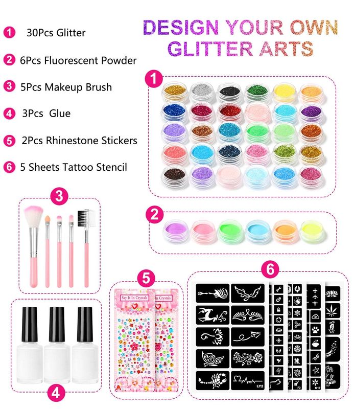 Temporary Glitter Tattoo Kit for Kids makeup,30 Body Glitter,3 Glitter Glue,5 Sheets Tattoos Stencil,5 Pcs Makeup Brush,6 Fluorescent Powder,Rhinestone Stickers,Holiday,Party,Nail Art