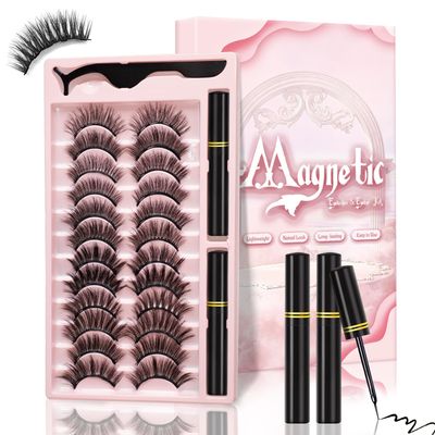Magnetic Eyelashes and Eyeliner Kit, 12 Pairs Different Magnetic Lashes 3D Natural Look with Eyeliner and Tweezers Easy to Apply, Reusable &amp; Sweatproof Mink False Eyelashes, No Glue Needed (12 pcs)