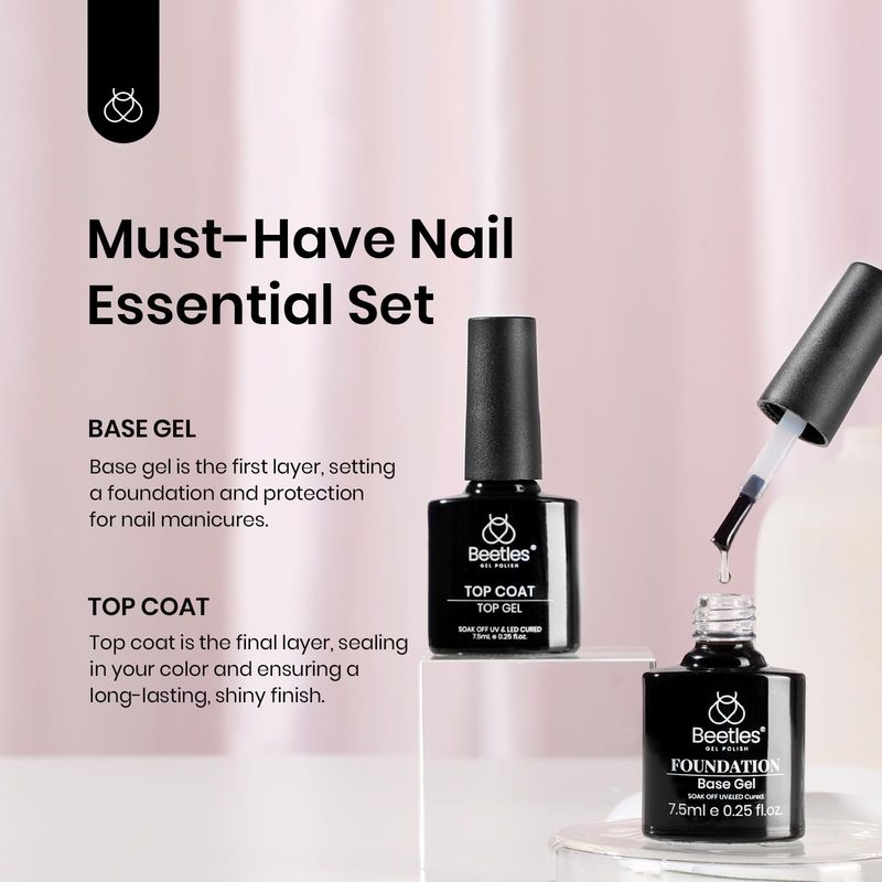 Beetles 2pcs 7.5ml No Wipe Gel Top Coat and Base Coat Set, Soak Off LED Clear Gel Base Top Gel Glossy Shine Finish Long Lasting Gel Polish Base and Top Coat Gel Lamp Nails Art DIY Home