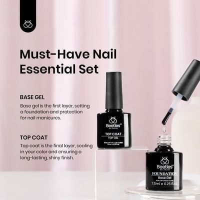 Beetles 2pcs 7.5ml No Wipe Gel Top Coat and Base Coat Set, Soak Off LED Clear Gel Base Top Gel Glossy Shine Finish Long Lasting Gel Polish Base and Top Coat Gel Lamp Nails Art DIY Home