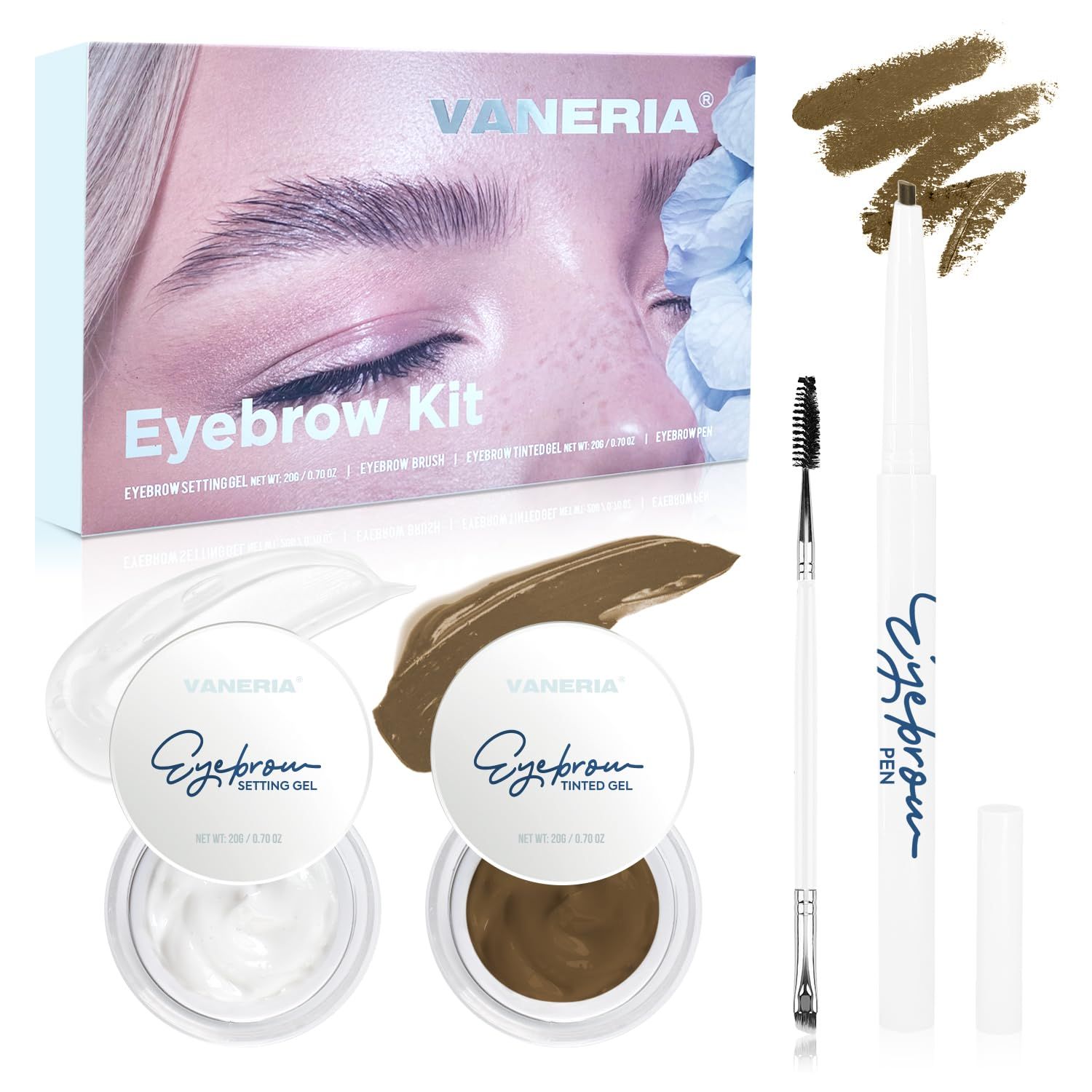 VANERIA Eye Brow Kit 4pcs,Brow Styling Soap,Brow Freeze For Fluffy Brows,Clear Brow GelEyebrow PomadeEyebrow PencilsEyebrow Brush,Brow Wax Long Lasting Eyebrow Makeup.190g(Light Brown)