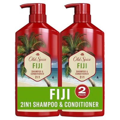 Old Spice Fiji 2-in-1 Shampoo and Conditioner Set for Men, Coconut &amp; Tropical Wood Scent, Get Up To 80% Fuller-Looking Hair, Barbershop Quality, Fresh &amp; Clean Hair, 21.9 Fl Oz Each, 2 Pack