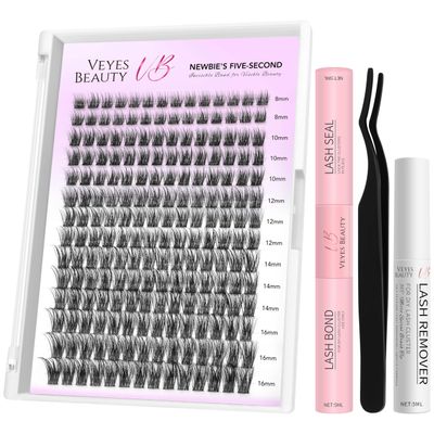 VEYESBEAUTY Lash Clusters Kit Individual Eyelash Extensions Thin &amp; Invisible Band DIY False Eyelashes Newbie&#39;s Five-Second Series Wispy Lash Tray, Dreamy KIT with Bond&amp;Seal Remover Applicator