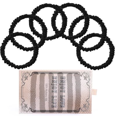6PCS 100% Mulberry Silk Hair Ties Small Silk Scrunchies for Women Girls Curly Thick Thin Hair .Women&#39;s Black Cute Satin Sleepy Bulk Hair Tie Scrunchie Sleep