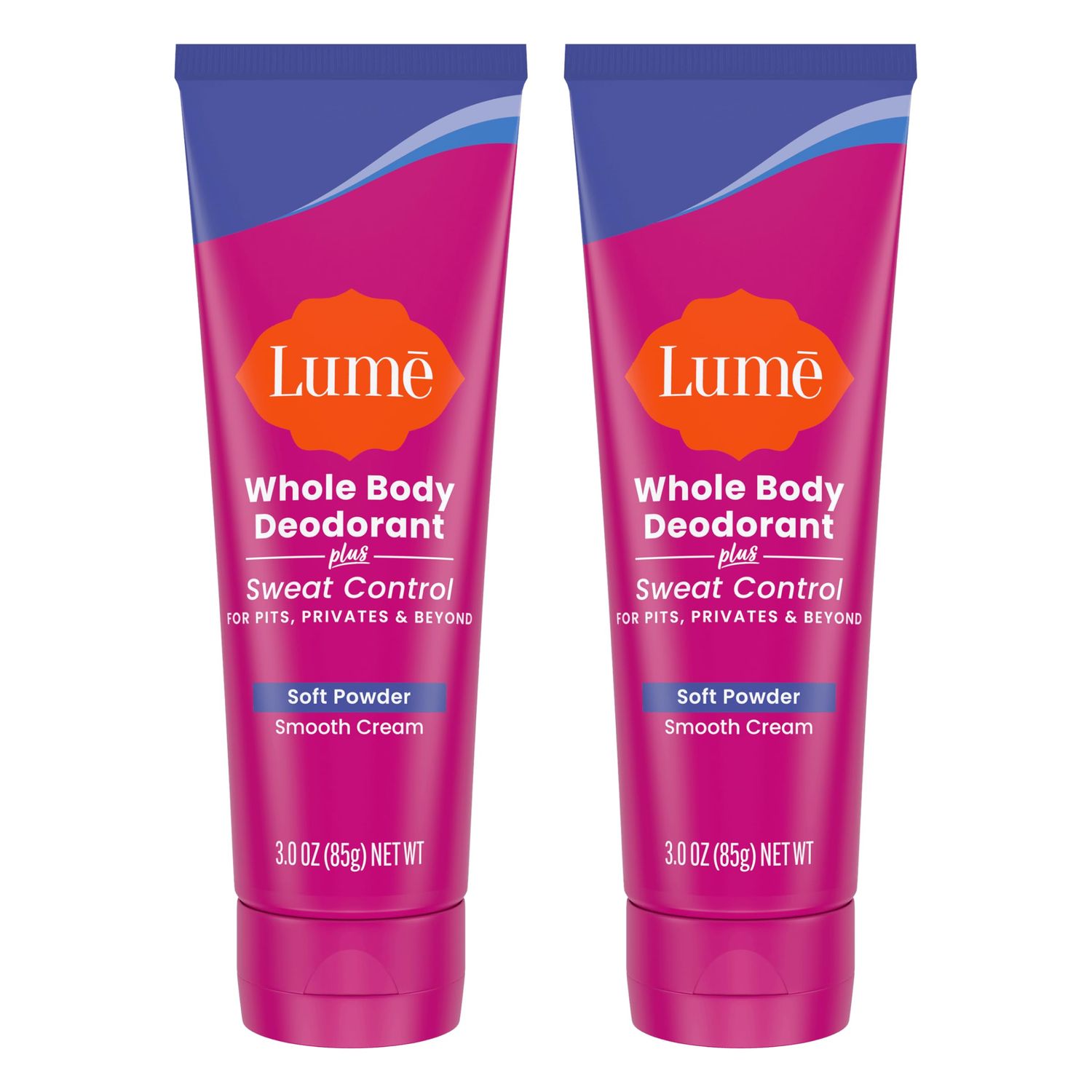 Lume Whole Body Deodorant Plus Sweat Control - Smooth Cream Tube - 72 Hour Odor And Sweat Control - Baking Soda Free, Skin Loving - 3.0 ounce (Pack of 2) (Soft Powder)