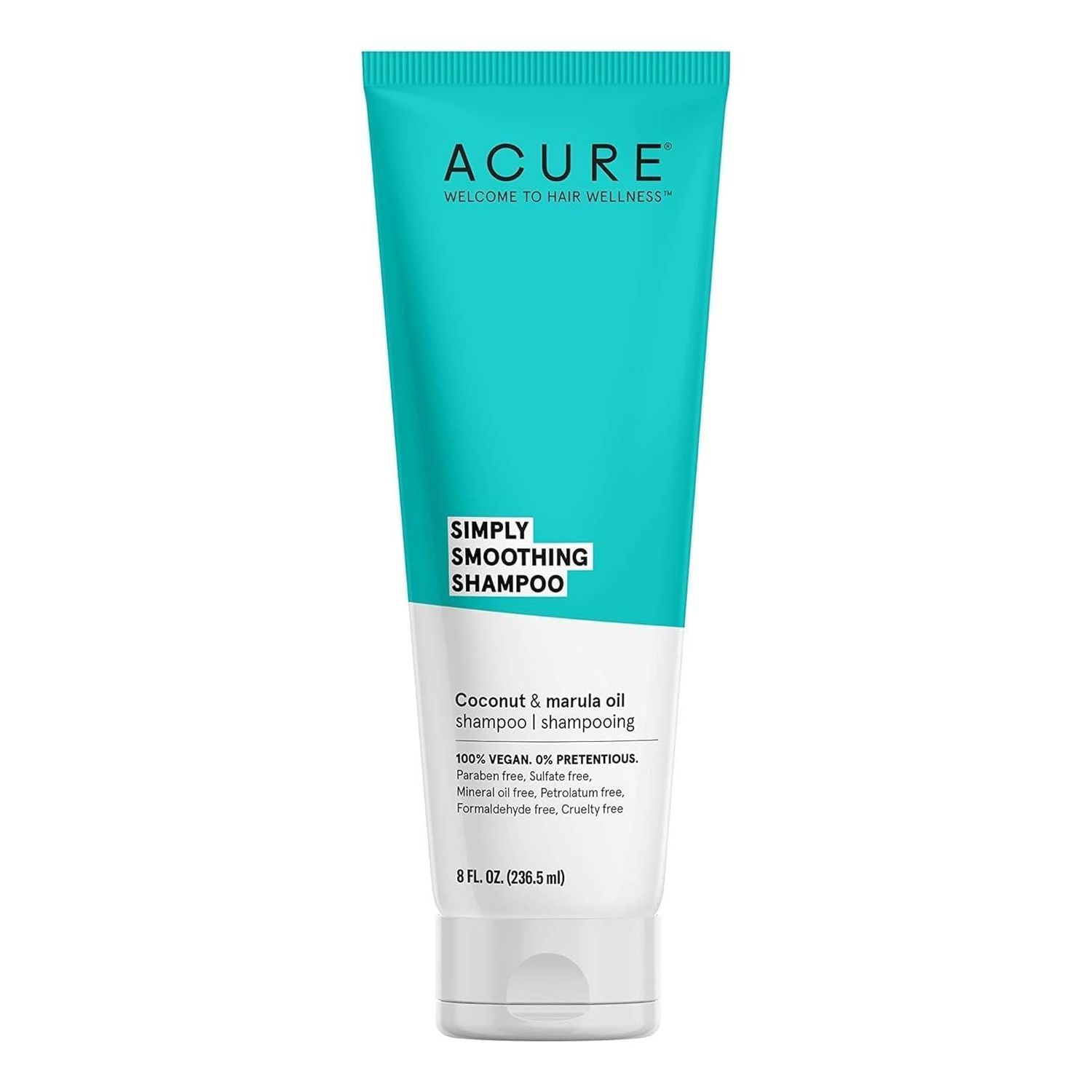 Acure Simply Smoothing Shampoo, Water, Coconut &amp; Marula Oil, 100% Vegan, Performance Driven Hair Care, Smooths &amp; Reduces Frizz, WhiteBlue, 8 Fl Oz