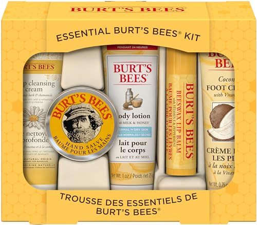 Burt&#39;s Bees Christmas Gifts, 5 Stocking Stuffers Products, Everyday Essentials Set - Original Beeswax Lip Balm, Deep Cleansing Cream, Hand Salve, Body Lotion &amp; Coconut Foot Cream, Travel Size