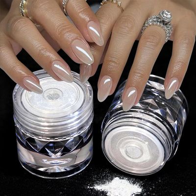 2Pcs Moonlight White Chrome Nail Powder, Aurora Pearl Chrome Nail Powder Magic Clear Pearlescent Mirror Effect Holographic Nail Glitter White Shimmer Sugar Pigment Dust for Nails Art Design 1gJar