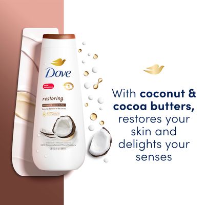 Dove Body Wash Restoring Coconut &amp; Cocoa Butter 4 Count for Renewed, Healthy-Looking Skin Gentle Skin Cleanser That Effectively Washes Away Bacteria While Nourishing Your Skin 20 oz