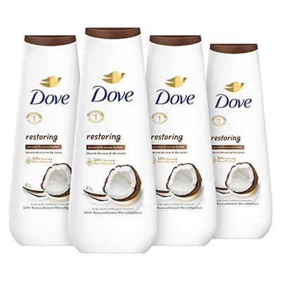 Dove Body Wash Restoring Coconut &amp; Cocoa Butter 4 Count for Renewed, Healthy-Looking Skin Gentle Skin Cleanser That Effectively Washes Away Bacteria While Nourishing Your Skin 20 oz