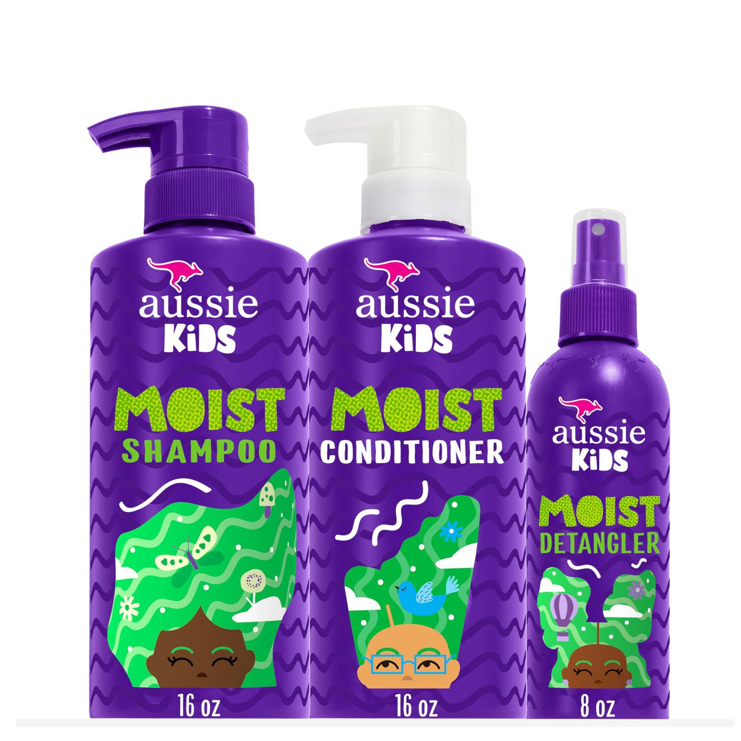Aussie Kids Hair Care Bundle Set Including Shampoo (16 Fl Oz), Conditioner (16 Fl Oz) &amp; Detangler Spray (8 Fl Oz), Paraben- Freem Sulfate-Free, Dye-Free, Cruelty-Free, Tangle-Free Styling