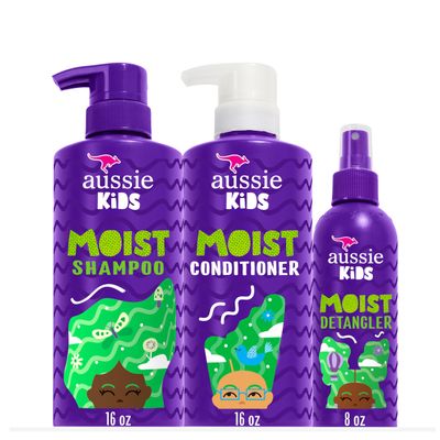 Aussie Kids Hair Care Bundle Set Including Shampoo (16 Fl Oz), Conditioner (16 Fl Oz) &amp; Detangler Spray (8 Fl Oz), Paraben- Freem Sulfate-Free, Dye-Free, Cruelty-Free, Tangle-Free Styling
