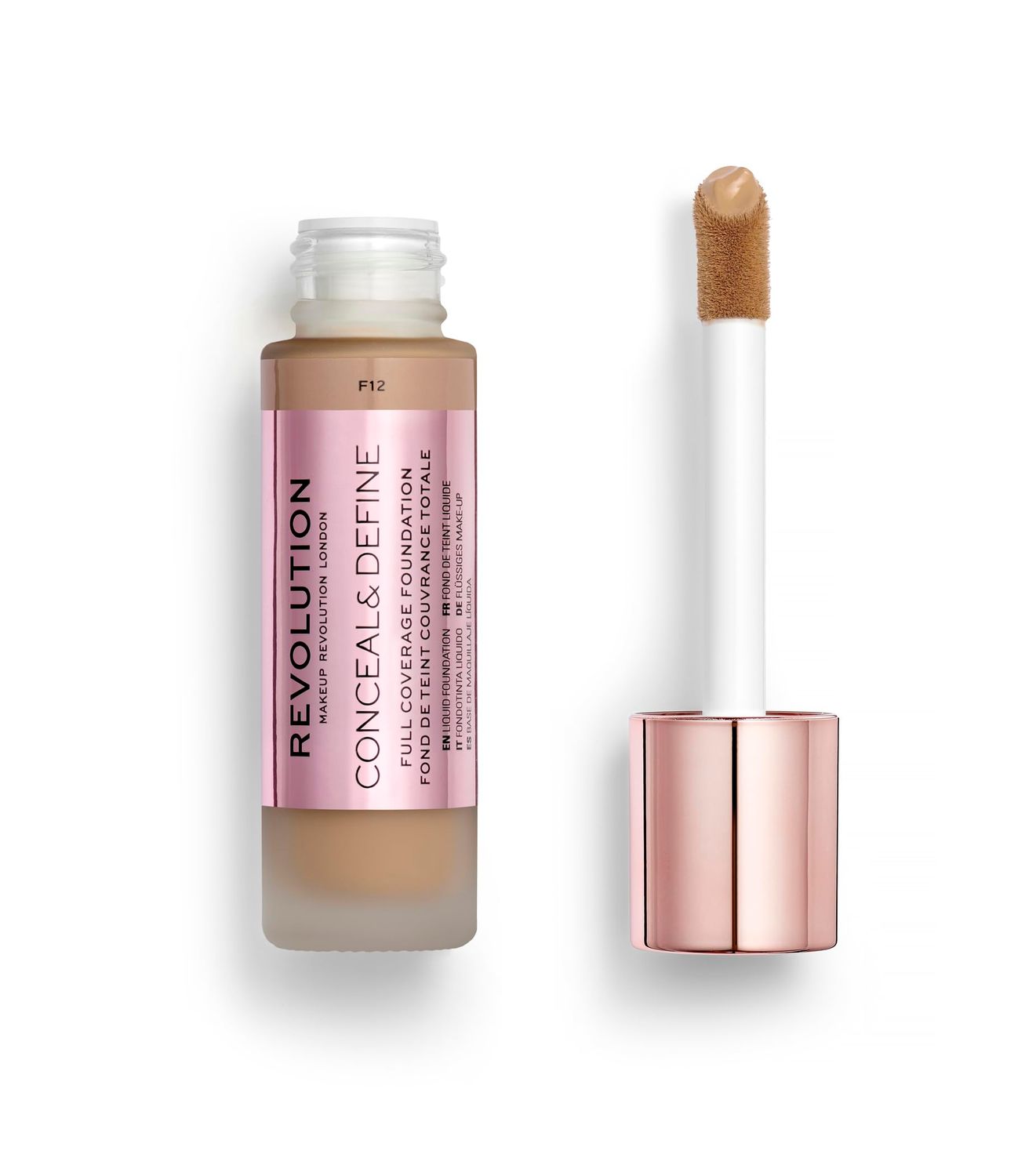Revolution Beauty, Conceal &amp; Define Foundation, Full Coverage, Long-Lasting Matte Finish, Vegan &amp; Cruelty Free, F12 Medium to Dark Skin Tones, 0.8 Fl.Oz.