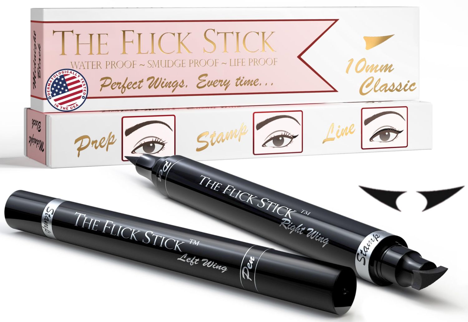 The Flick Stick Winged Eyeliner Stamp, 2 x Black Liquid Eyeliner Pens, Easy Cat Eye Stencil Makeup Tool, SmudgeProof &amp; Waterpoof Eye Liner, Vamp Wing, Wingliner (10mm Classic, Midnight Black)