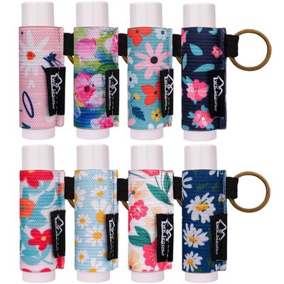 WK IEASON 8PCS Lip Balm Holder Keychain Bulk Chapstick Holder Key chain Lip Gloss Sleeve Holder -Elastic Holder Sleeve for Fat and Slim Lip Balms&amp;Gloss and Lip Sticker(8pcs Floral C)