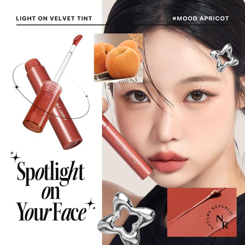 Nature Republic Light on Velvet Tint (04 MOOD APRICOT),Liquid Lipstick,lip tint,Blur effect,lip&amp; cheek,nude lip,Soft Creamy Matte Finish Lip, Velvety, lip stain, High Pigment, Korean Lip Makeup