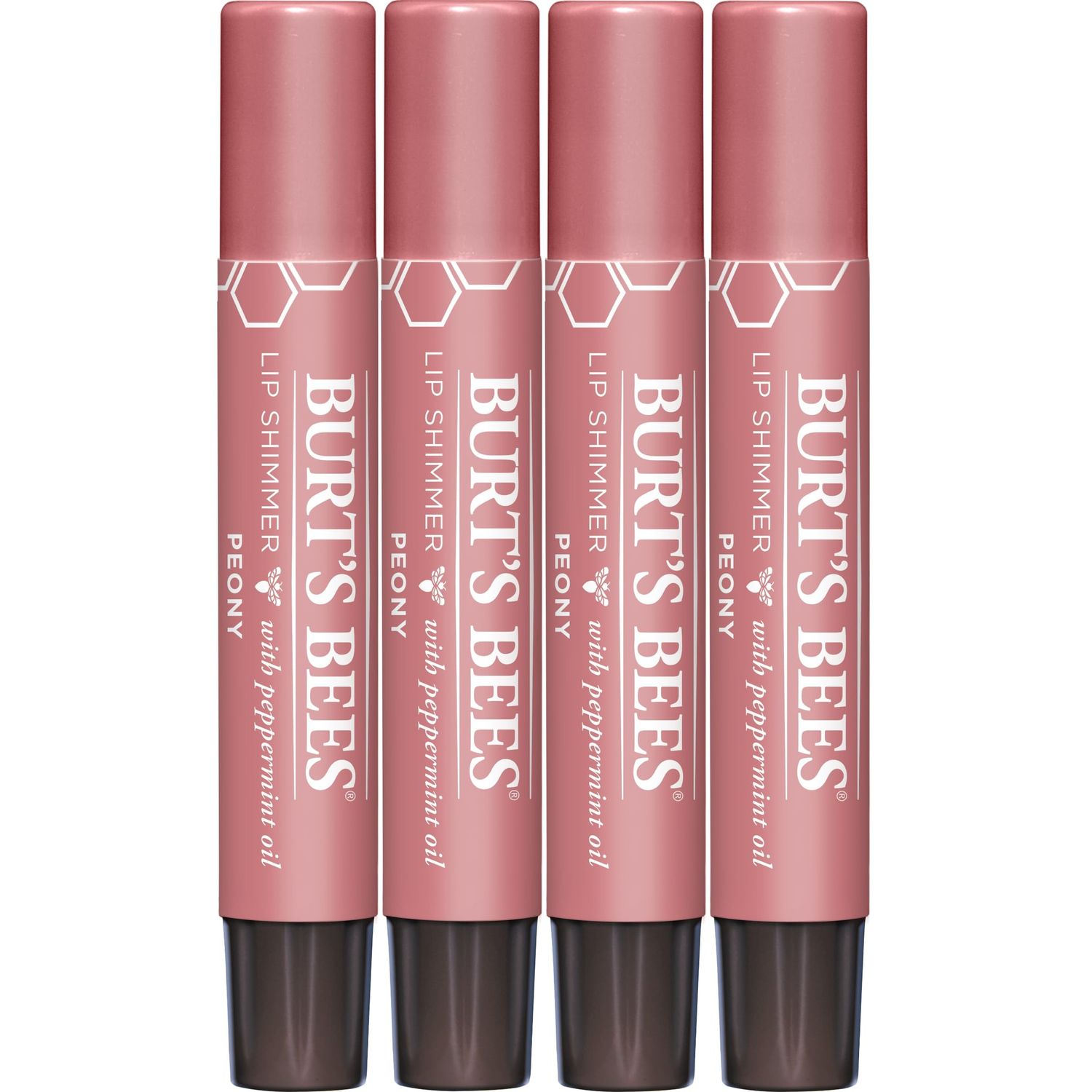 Burt&#39;s Bees Shimmer Lip Tint Stocking Stuffers Set, Shimmering Lip Oil Stick, Moisturizing for All Day Hydration with Natural Glowy Pigmented Finish &amp; Buildable Color, Peony (4-Pack)