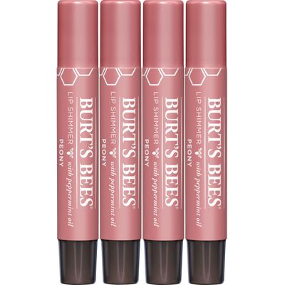 Burt&#39;s Bees Shimmer Lip Tint Stocking Stuffers Set, Shimmering Lip Oil Stick, Moisturizing for All Day Hydration with Natural Glowy Pigmented Finish &amp; Buildable Color, Peony (4-Pack)