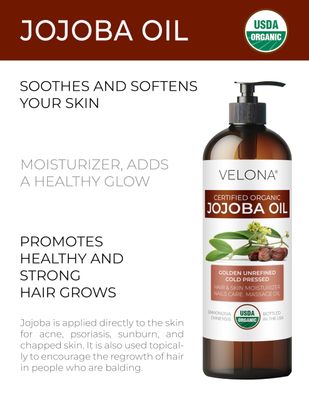velona Jojoba Oil USDA Certified Organic - 16 fl oz (With Pump) | 100% Pure and Natural | Golden, Unrefined, Cold Pressed, Hexane Free
