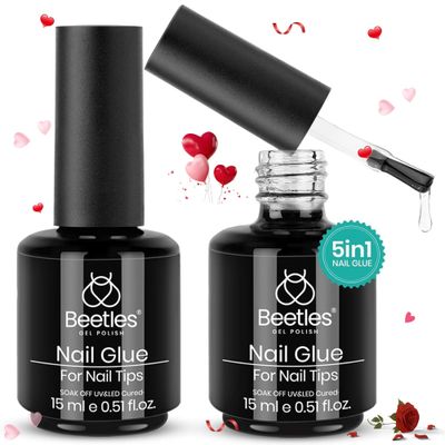 beetles Gel Polish 5 In 1 Nail Glue Kit for Acrylic Nails,2 Pcs 15ml Super Strong Brush in Nail Gel Glue for False Nails Tips and Gel Nail Polish Led Lamp Required Nail Art Valentines Day gifts