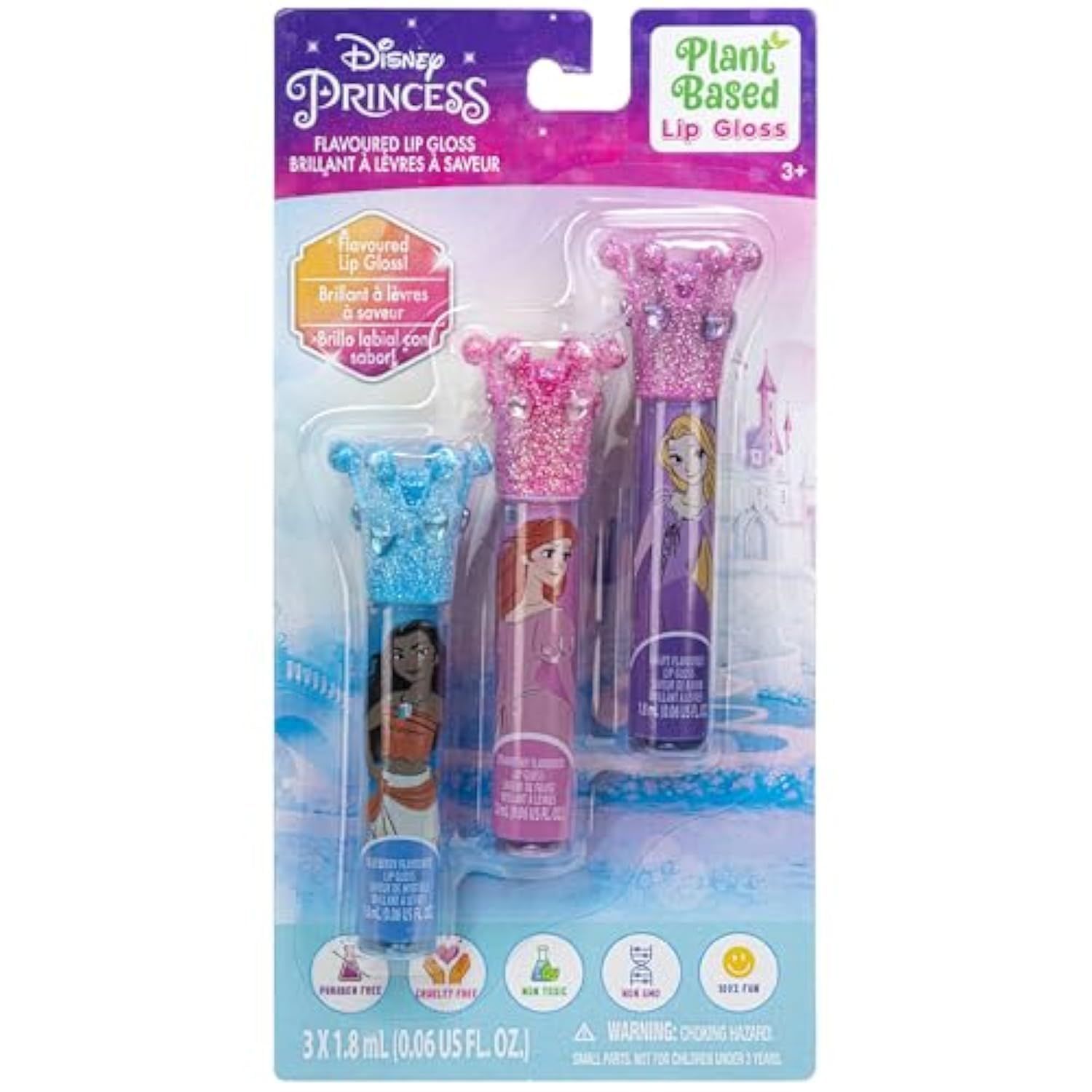 Townley Girl -Disney Princess Plant Based 3 Pcs Crown Lip Gloss Makeup Set for Kids and Girls, Ages 3, Perfect for Parties, Sleepovers &amp; Makeovers