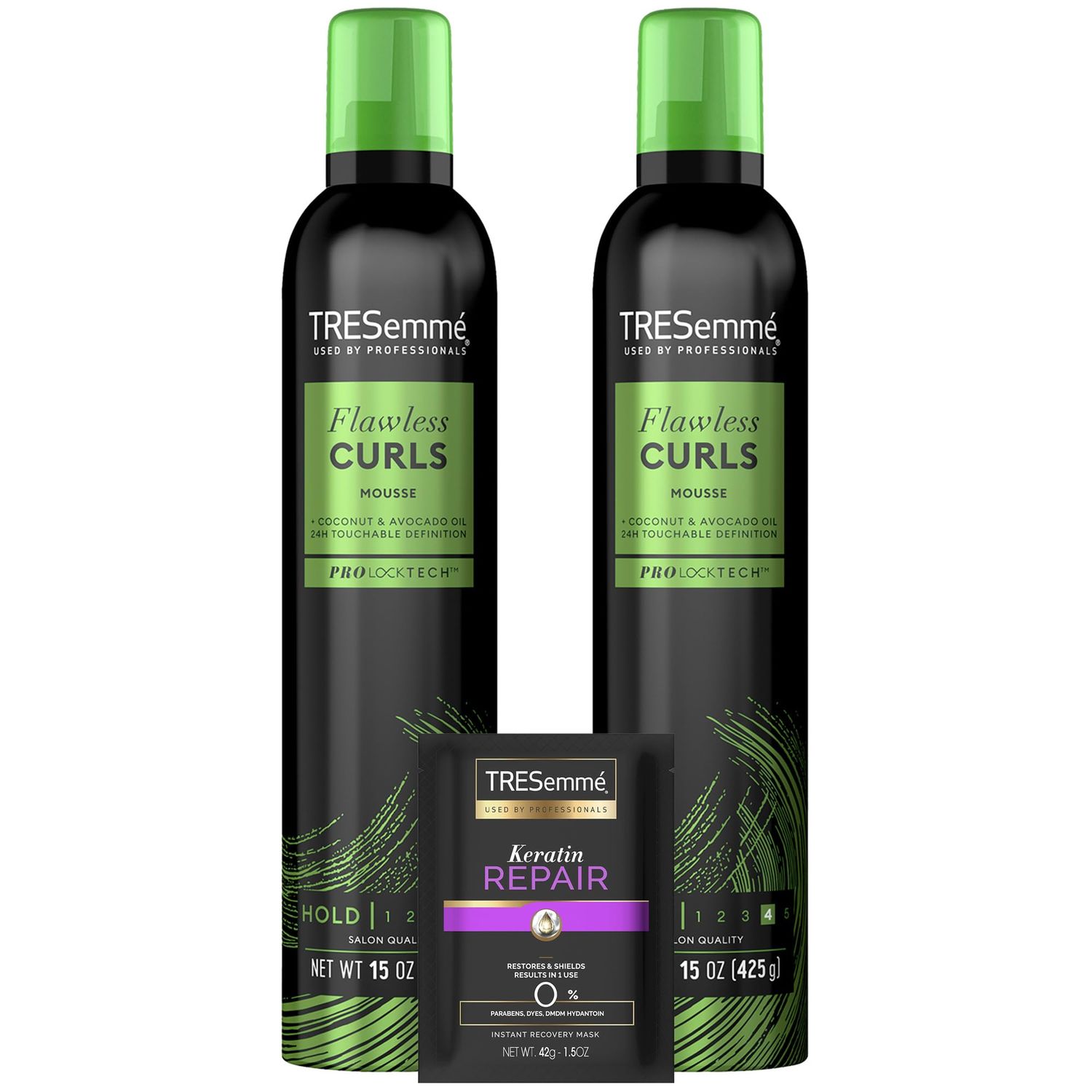 TRESemm Hair Mousse 2-Pack  Keratin Repair Hair Mask - Flawless Curls Alcohol-Free, Anti-Frizz Hair Products with Heat Protection (3 Piece Set)